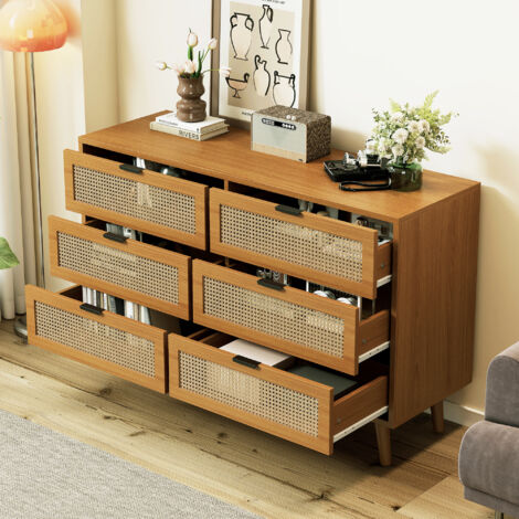 Commode/buffet 120x76,5x40 cm, avec 6 tiroirs, bois, poignées en métal, pour chambre/salon, marron