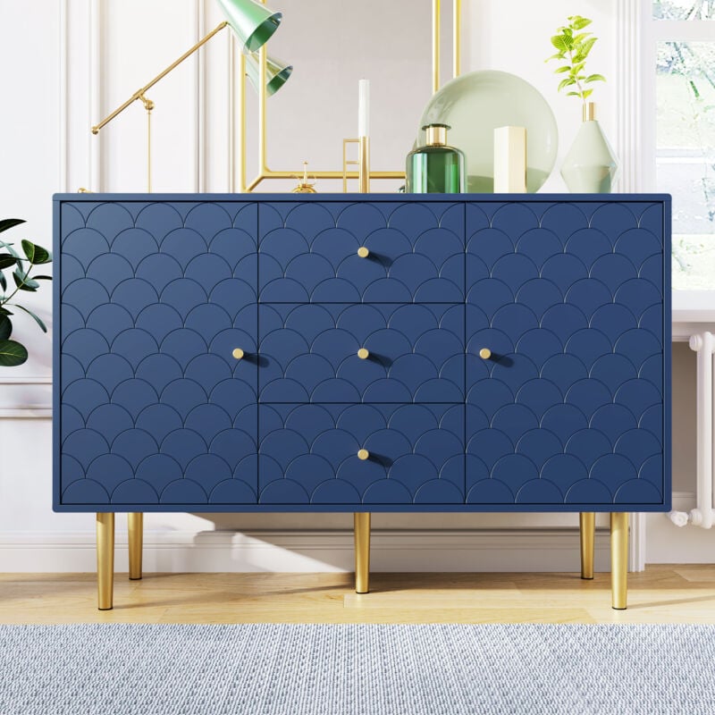 Commode à 3 tiroirs avec 2 portes, étagère réglable, pour salon, chambre, bleu marine