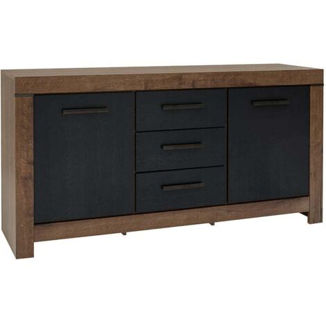 Commode Buffet à 2 portes et 3 tiroirs, coloris Chêne marron foncé/Chêne noir - Longueur 160 x Profondeur 45 x Hauteur 85 cm