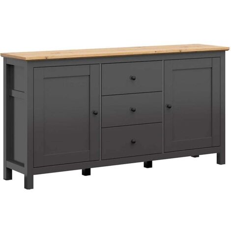 commode Buffet à 2 portes et 3 tiroirs, coloris Gris graphite/Chêne artisan - Longueur 186 x Profondeur 44 x Hauteur 96 cm