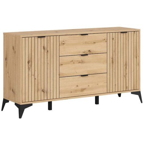 Commode Buffet à 2 portes et 3 tiroirs,coloris Chêne artisan - Longueur 150 x Profondeur 41 x Hauteur 83 cm