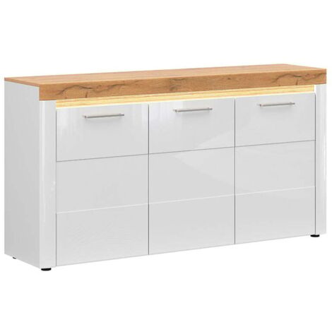 Commode Buffet à 3 portes avec éclairage LED coloris Chêne doré/Blanc haute brillance - Longueur 170 x Profondeur 42 x Hauteur 90 cm