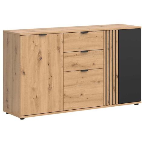 Commode buffet à 3 portes et 2 tiroirs ,coloris Chêne artisan/Noir - Longueur 150,5 x Profondeur 40 x Hauteur 87 cm