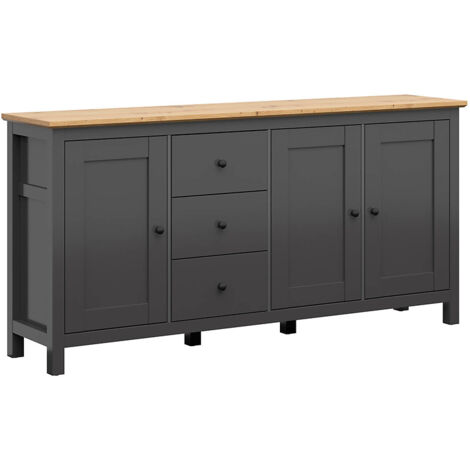commode Buffet à 3 portes et 3 tiroirs, coloris Gris graphite/Chêne artisan - Longueur 199 x Profondeur 44 x Hauteur 96 cm