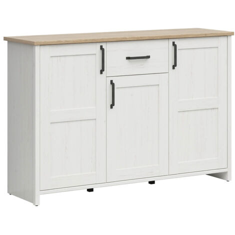 Commode buffet à 3 portes et un tiroir, coloris Blanc pin andersen/Chêne clair - Longueur 148 x Profondeur 42,5 x Hauteur 98,5 cm