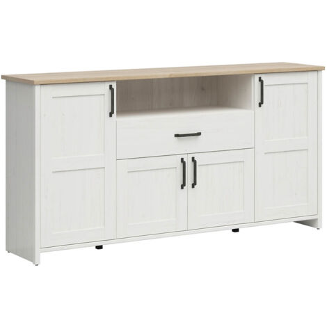 Commode buffet à 4 portes, tiroir et étagère, coloris Blanc pin andersen/Chêne clair - Longueur 194 x Profondeur 42,5 x Hauteur 98,5 cm