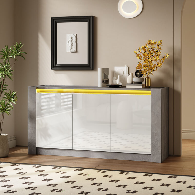 Commode Buffet Armoire Blanc à haute brillance avec LED,Design sans poignée,étagères réglables,150L x 40P x 75H cm