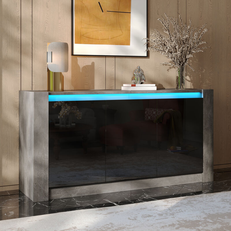 Commode Buffet Armoire Noir à haute brillance avec LED,Design sans poignée,étagères réglables,150L x 40P x 75H cm