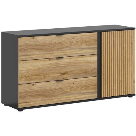 Commode Buffet avec 1 porte décor lamelles et 3 tiroirs ,coloris Chêne/Noir - Longueur 143,5 x Profondeur 39,5 x Hauteur 76,5 cm