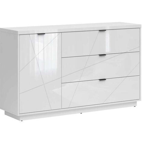 Commode Buffet avec 1 porte et 3 tiroirs, coloris Blanc brillant/Blanc haute brillance - Longueur 156 x Profondeur 42,5 x Hauteur 93 cm