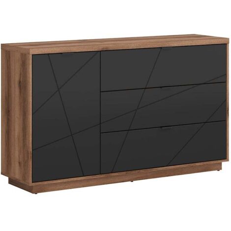 Commode Buffet avec 1 porte et 3 tiroirs, coloris Chêne delano / Noir mat - Longueur 156 x Profondeur 42,5 x Hauteur 93 cm