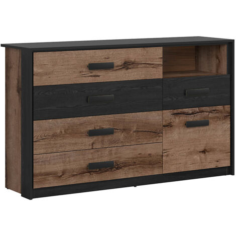 Commode Buffet avec 1 porte et 5 tiroirs coloris Chêne marron foncé/Chêne noir - Longueur 150 x Profondeur 41 x Hauteur 90 cm