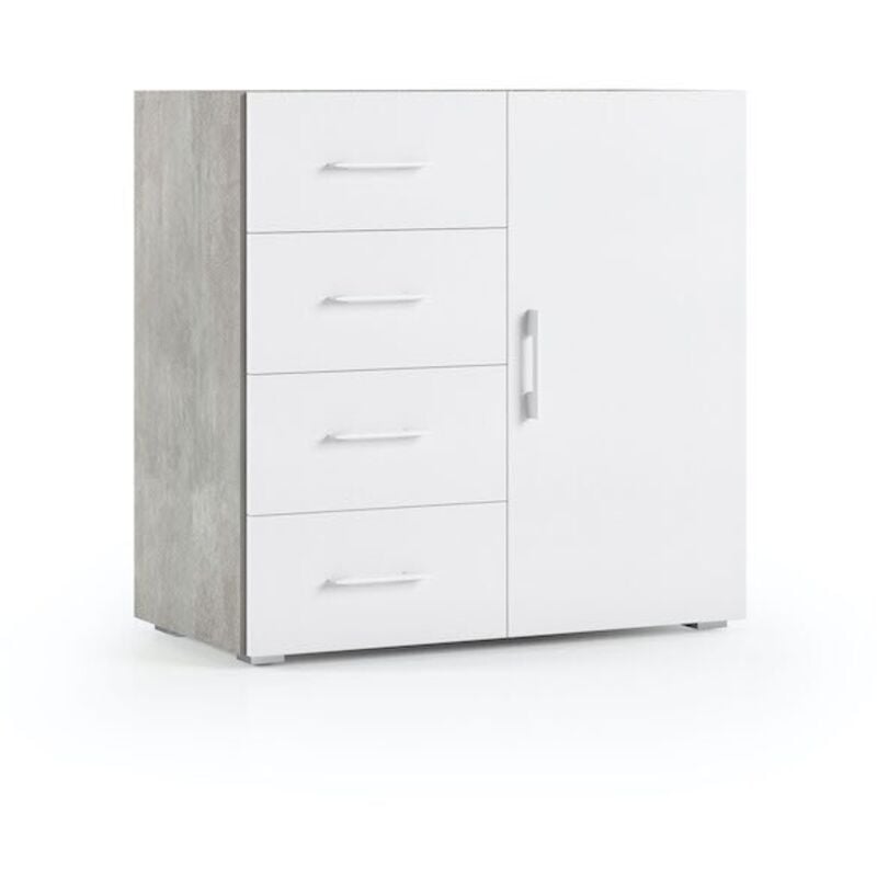 Meuble avec 4 tiroirs et porte avec guides métalliques. Dessus de conteneur en ciment avec portes blanches.