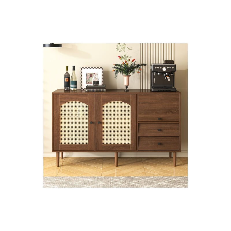 Buffet en rotin, buffet salle à manger avec portes en rotin et 2 tiroirs, marron