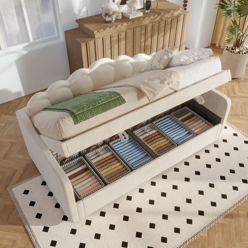 Hauss Spole - Lit 90x200cm, lit coffre/simple, avec led + télécommande, Lit hydraulique (matelas non inclus), velours, beige