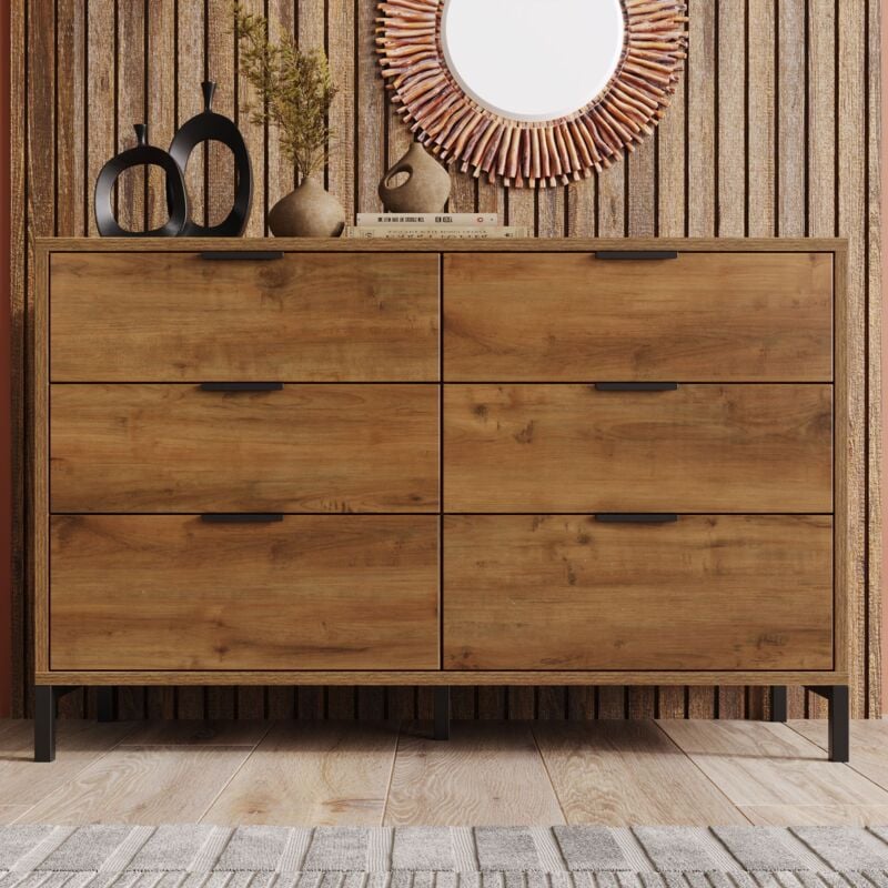 Commode à 6 tiroirs, pour chambre, salon, chêne foncé