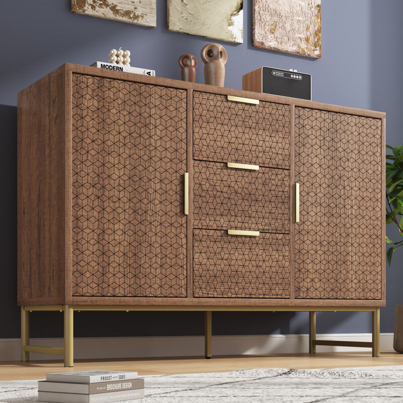 Commode à 3 tiroirs avec 2 portes, compartiments réglables, anti-basculement, noyer, 120 x 40 x 75 cm