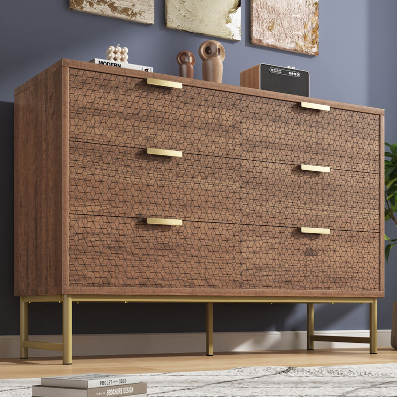 Commode à 6 tiroirs avec poignées en métal, anti-basculement, pour salon et chambre, noyer, 120 x 40 x 75 cm