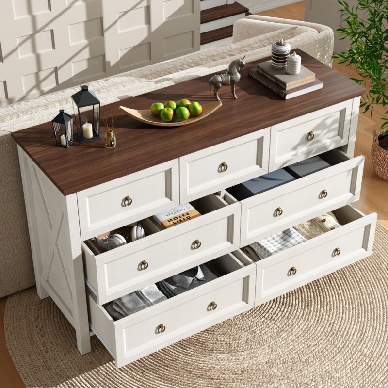 Commode, Buffet Beige, armoire de salle à manger, avec poignées de tiroirs en aluminium, plan de travail couleur noyer, 7 tiroirs