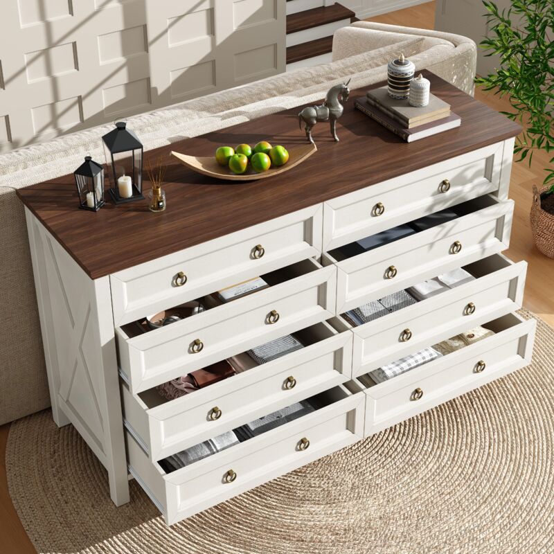Commode, Buffet Beige, armoire de salle à manger, avec poignées de tiroirs en aluminium, plan de travail couleur noyer, 8 tiroirs