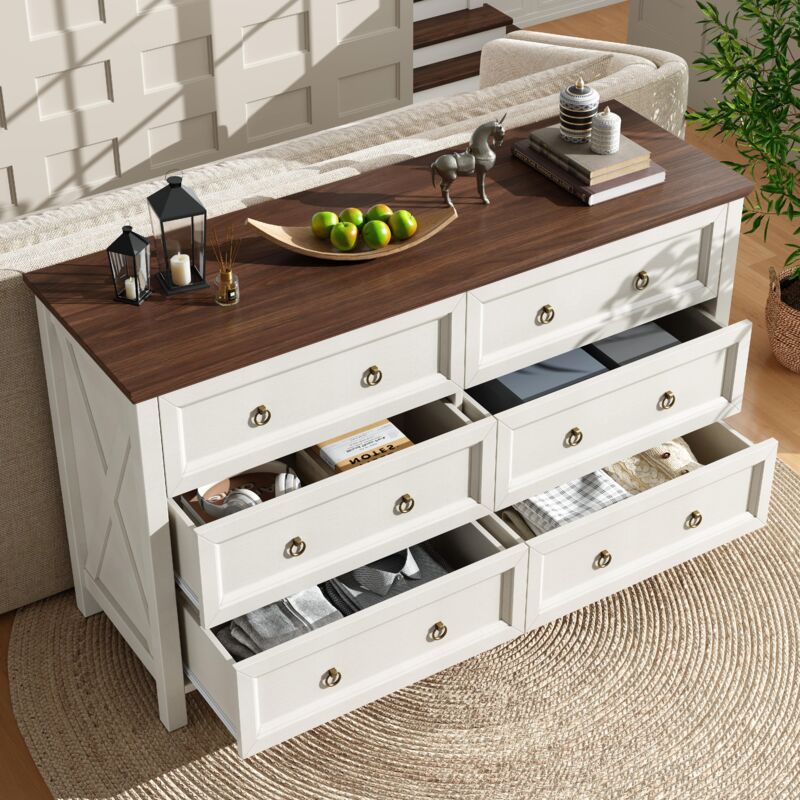 Commode, Buffet Beige, armoire de salle à manger, avec poignées de tiroirs en aluminium, plan de travail couleur noyer, 6 tiroirs