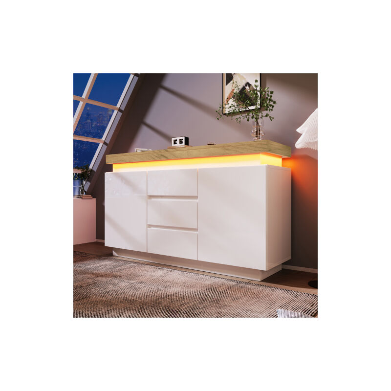 Commode, buffet brillant avec 2 portes et 3 tiroirs, éclairage LED (App Control), armoire polyvalente pour le salon et la chambre à coucher, 81 x 140