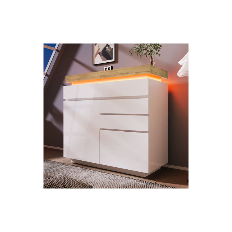 Commode, buffet brillant avec 2 portes et 3 tiroirs, éclairage LED (App Control), meuble polyvalent pour le salon et la chambre à coucher, 115 x 110