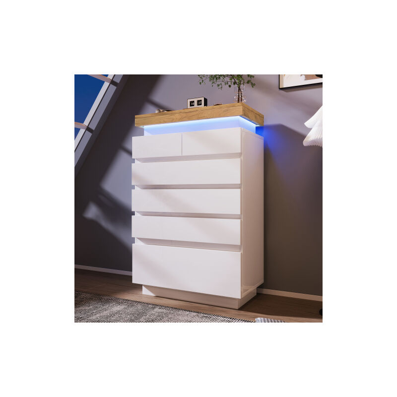 Commode, buffet brillant avec 6 tiroirs, éclairage LED (App Control), armoire polyvalente pour le salon et la chambre à coucher, 115 x 73 x 39 cm,