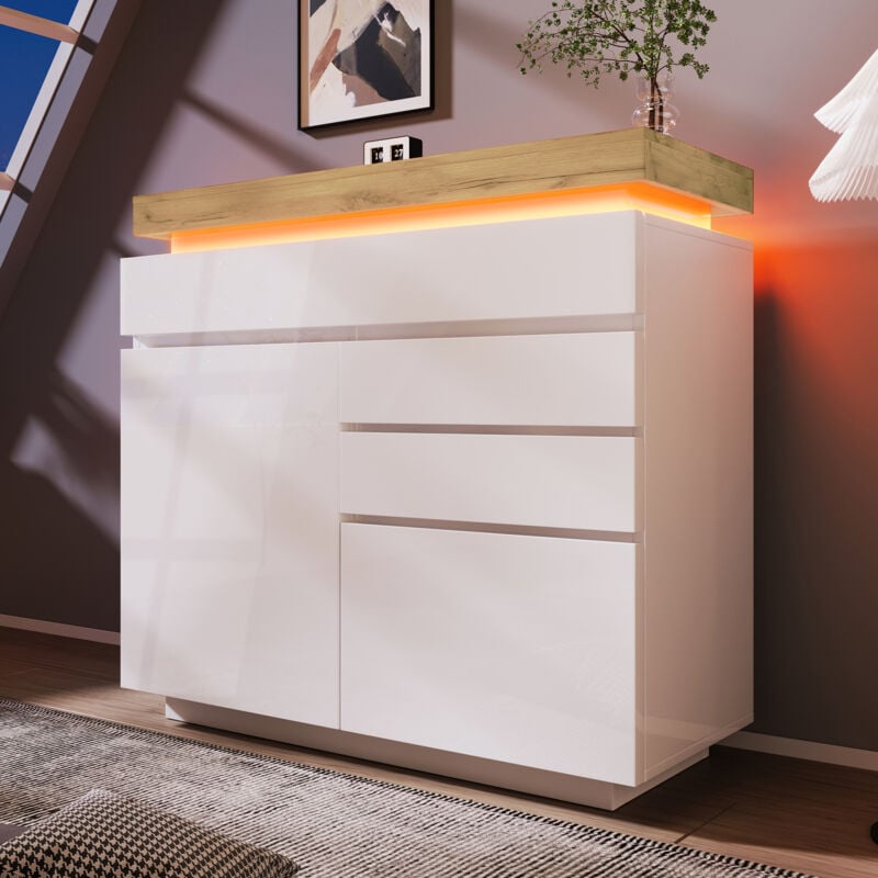 Commode, buffet brillant avec 2 portes et 3 tiroirs, éclairage led (contrôle par application), armoire polyvalente pour salon et chambre, 115 x 110 x