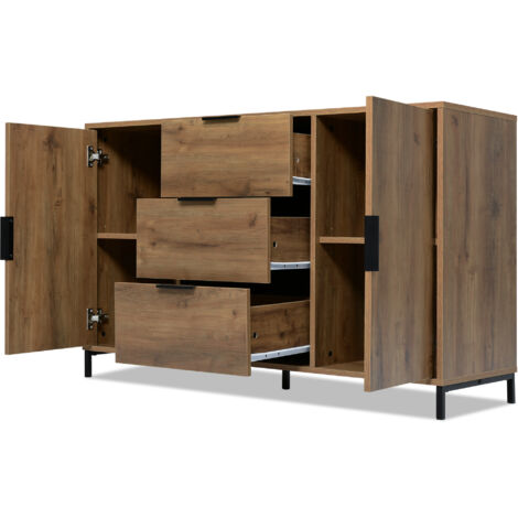 Commode Buffet Chêne Foncé 120x40x76cm, 2 Portes 3 Tiroirs Étagère Réglable, Rangement