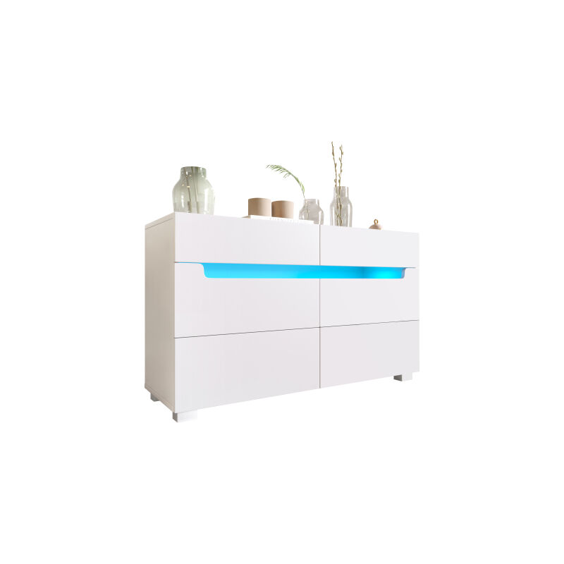 Commode, buffet en bois avec 6 tiroirs, éclairage LED (App Control), meuble polyvalent pour le salon et la chambre à coucher, 71 x 120 x 40 cm, blanc