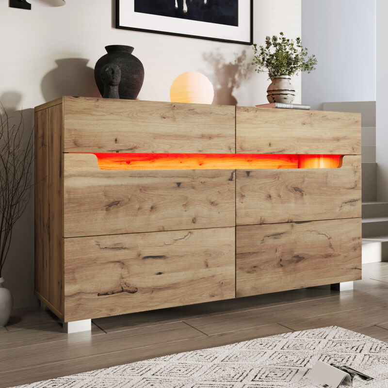 Okwish - Commode, buffet en bois avec 6 tiroirs, éclairage led (contrôle par application), armoire polyvalente pour salon et chambre, 71 x 120 x 40