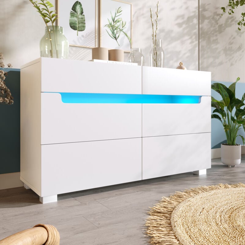 Redom - Commode, buffet en bois avec 6 tiroirs, éclairage led (contrôle par application), armoire polyvalente pour salon et chambre, 71 x 120 x 40