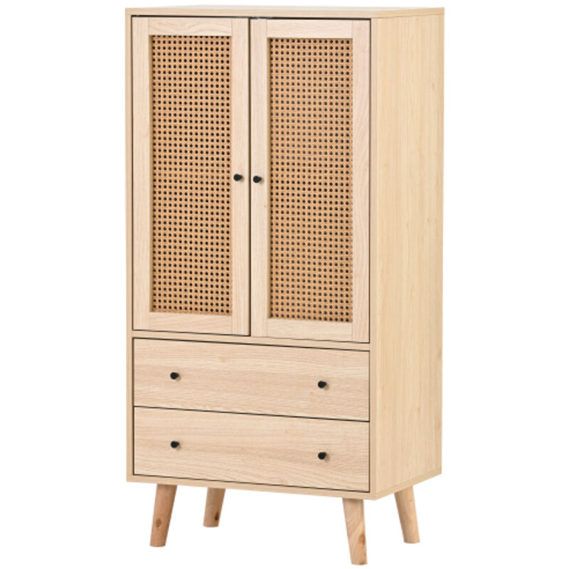 Wishdor - Buffet haut, buffet salon avec 2 portes en rotin et 2 tiroirs, chêne