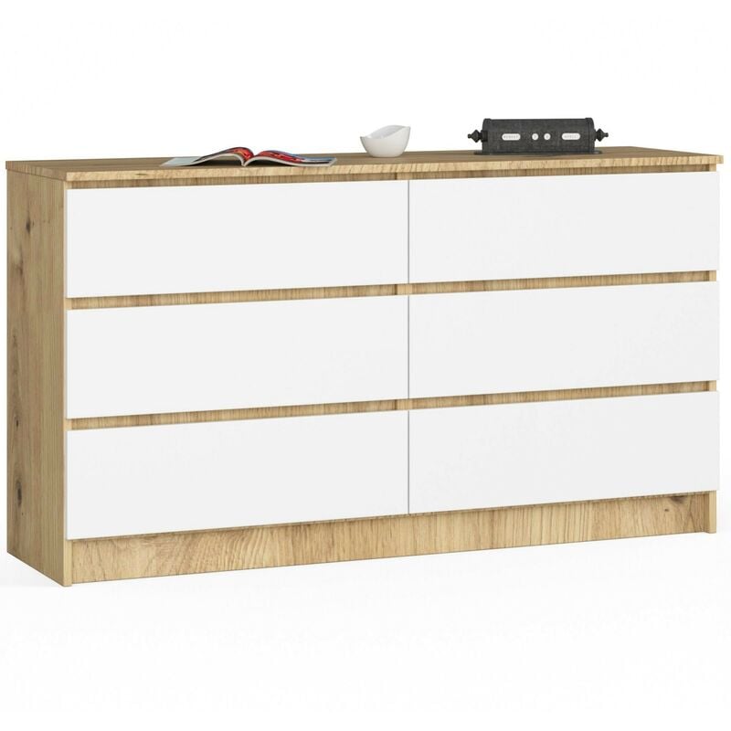 Commode Akord K140 Chêne Artisan 138 cm 6 tiroirs façade Blanche 138x40x77 cm