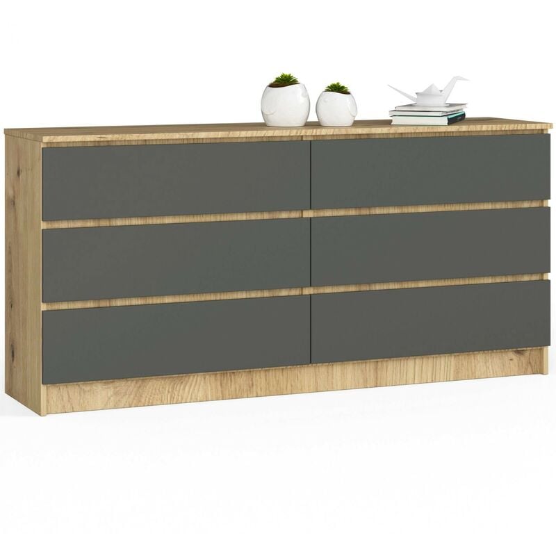 Grande Commode pour le salon AKORD K160 Chêne Artisan 160 cm 6 tiroirs façade Gris Graphite 160x40x77 cm