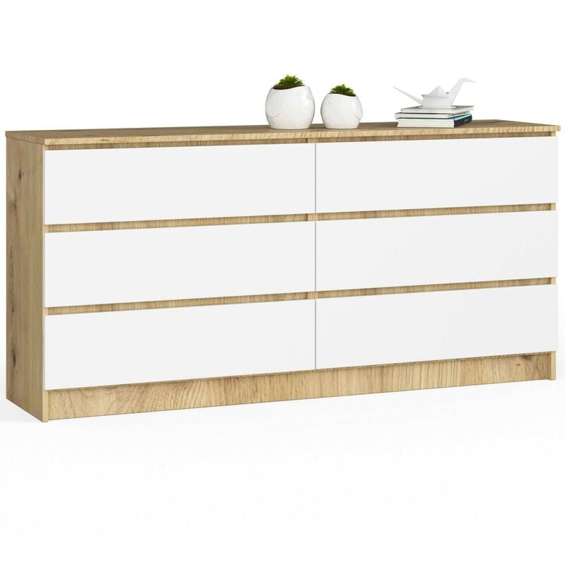 Grande Commode pour le salon Akord K160 Chêne Artisan 160 cm 6 tiroirs façade Blanche 160x40x77 cm