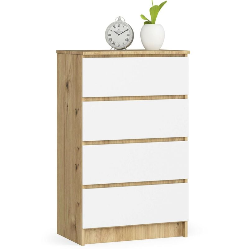 Commode Akord K60 Chêne Artisan 60 cm 4 tiroirs façade Blanche 60x40x99 cm