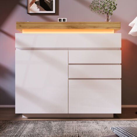 Commode, buffet laqué brillant à 2 portes et 3 tiroirs, éclairage LED (contrôlable via application), meuble multifonctionnel pour salon et chambre, 115 x 110 x 39 cm, blanc