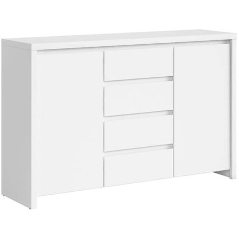 Commode buffet meuble de rangement à 2 portes et 4 tiroirs, coloris Blanc/Blanc Mat - Longueur 143,5 x Profondeur 40,5 x Hauteur 92 cm