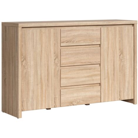 Commode buffet meuble de rangement à 2 portes et 4 tiroirs, coloris chêne Sonoma - Longueur 143,5 x Profondeur 40,5 x Hauteur 92 cm