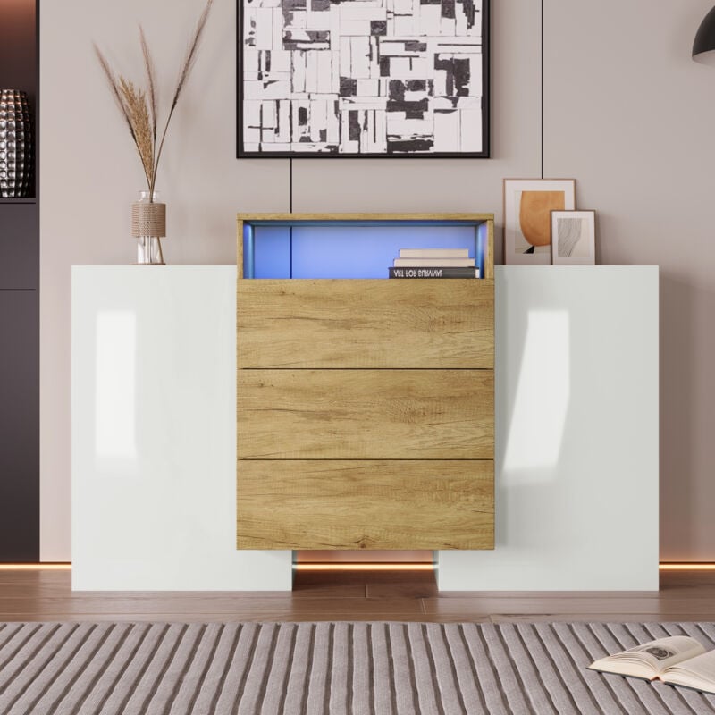 Commode, buffet moderne avec led et rangements, blanc et bois