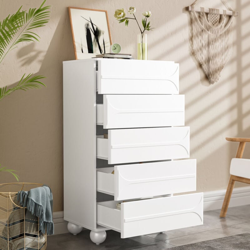 Commode Buffet moderne à 5 tiroirs,Design élégant en relief,Pieds en métal Blanc,Coins arrondis,60L x 40P x 109H cm