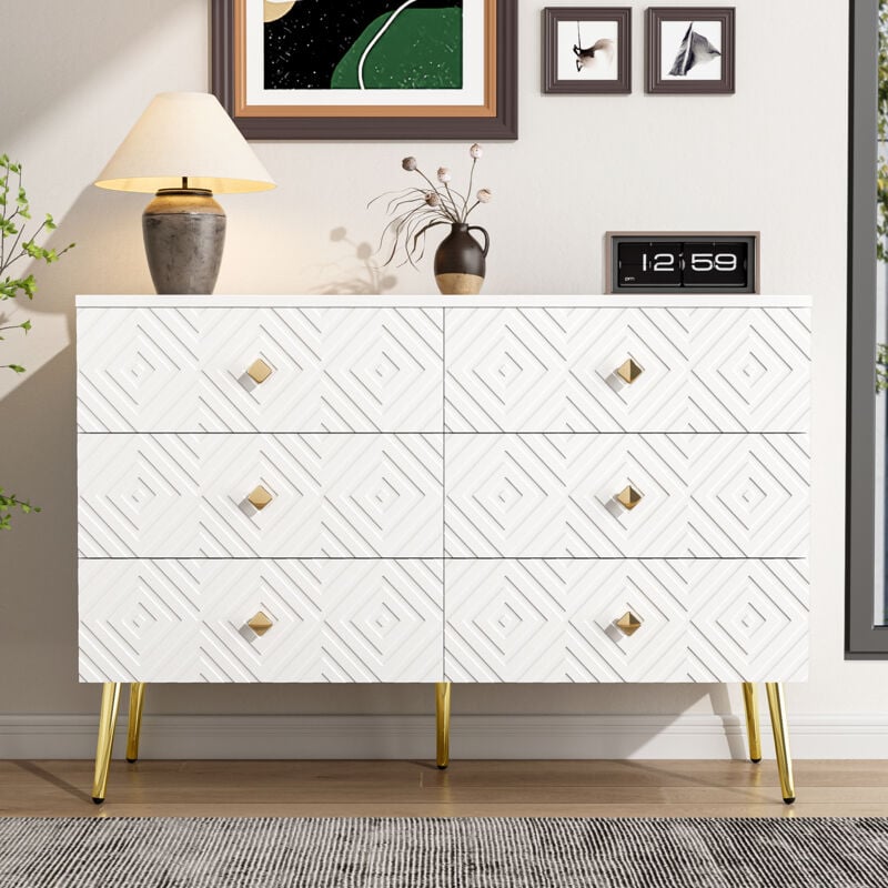 Commode Buffet moderne à 6 tiroirs,Porte à motifs géométriques,Blanc élégant et doré,pour salon,120L x 40P x 80H cm