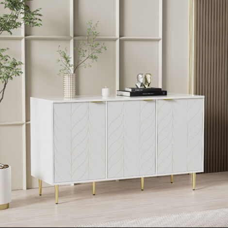 Commode Buffet moderne, Vanité, motif floral, Blanc, avec pieds et poignées Dorés - 127x75x45 cm, 6 compartiments