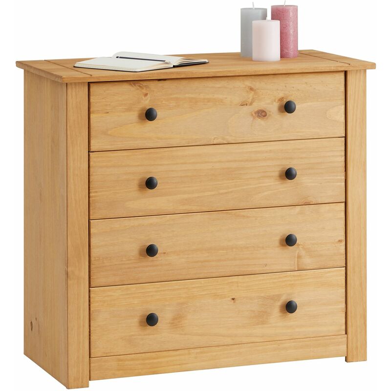 Commode cancun avec 4 tiroirs, en pin massif finition teintée/cirée