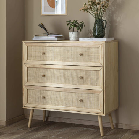 Commode cannage avec 3 tiroirs bois naturel ANNA - ANNA