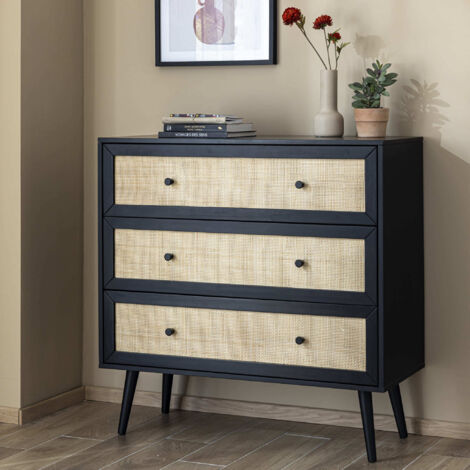 Commode cannage avec 3 tiroirs noir ANNA - ANNA