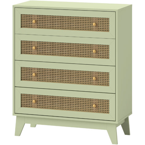 Commode cannage rotin 4 tiroirs meuble rangement bois clair 80x35x95 cm vert