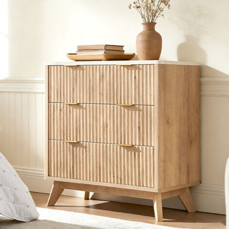 Commode chambre 3 Tiroirs Style Fluté 32" Haute, Commode bois avec Plateau Faux Marbre & Profil Courbé, Organisateur de Rangement pour Chambre, Salon & Couloir - Panneau de Particules Natural Oak